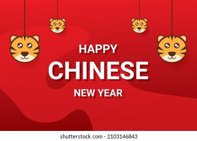 Happy Chinese New Year 2022 Lettering Text Banner With Hanging Tiger And Red Pattern background. Celebration Lunar. Vector