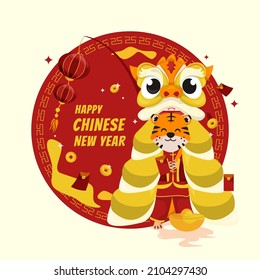 Happy Chinese new year 2022 with tiger and lion dance illustration design