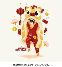 Happy Chinese new year 2022 with a man and lion dance design