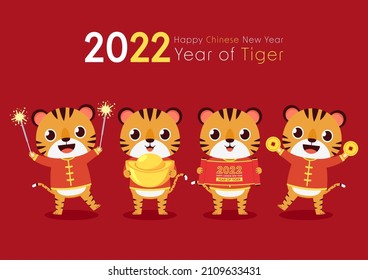 Happy Chinese new year 2022 poster. Happy Chinese new year greeting card 2022 with cute tiger. Tiger character design.
