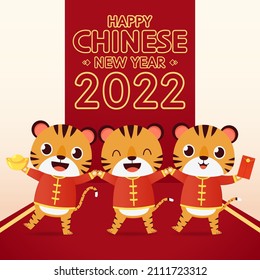 Happy Chinese new year 2022 poster. Happy Chinese new year greeting card 2022 with cute tiger. Tiger character design.