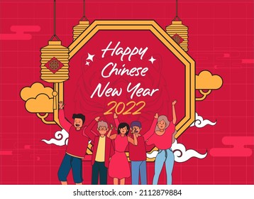 Happy Chinese New Year 2022 in retro style with red background. for branding, banner, cover, card, social media, poster.Template design. Vector illustration