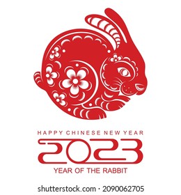 Happy chinese new year 2023 gong xi fa cai year of the rabbit, hares, bunny zodiac sign  with flower,lantern,asian elements gold paper cut style on color Background. (Translation : Happy new year)