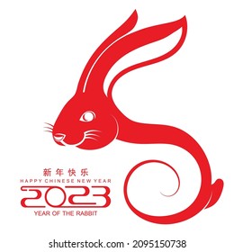 Happy chinese new year 2023 year of the rabbit zodiac sign, gong xi fa cai with flower,lantern,asian elements gold paper cut style on color Background. (Translation : Happy new year)