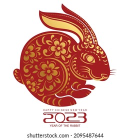 Happy chinese new year 2023 year of the rabbit zodiac sign, gong xi fa cai with flower,lantern,asian elements gold paper cut style on color Background. (Translation : Happy new year, rabbit year)