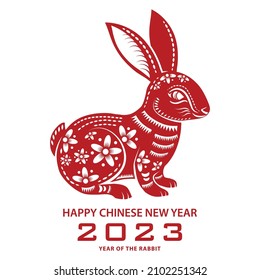 Happy Chinese new year 2023 Zodiac sign, year of the Rabbit, with red paper cut art and craft style on white color background with red frame (Translation : happy new year 2023, year of the Rabbit)