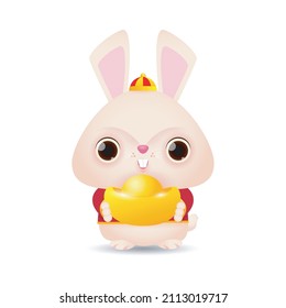 Happy Chinese new year 2023 greeting card, Cute Little rabbit holding chinese gold Ingots, year of the rabbit zodiac, Little bunny gong xi fa cai, Cartoon isolated white background vector illustration