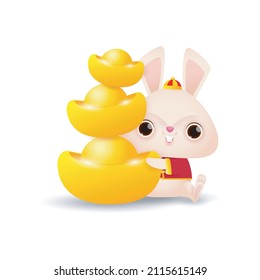 Happy Chinese new year 2023 greeting card, Cute Little rabbit holding chinese gold Ingots, year of the rabbit zodiac, Little bunny gong xi fa cai, Cartoon isolated white background vector illustration