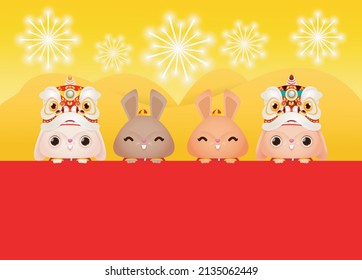 Happy Chinese new year 2023 year of Little rabbit bunny with red big sign board, gong xi fa cai, zodiac Cartoon isolated on red background vector illustration 