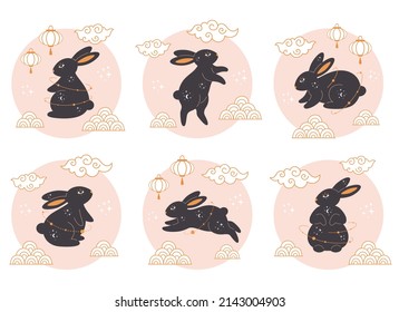 Happy Chinese new year 2023 with cute rabbits. Year of the Rabbit. Mid autumn festival. Asian style. Hand drawn vector illustration