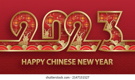 Happy Chinese New Year 2023 Rabbit Zodiac sign, with gold paper cut art and craft style on color background for greeting card, flyers, poster (Chinese Translation: happy New Year 2023, year of Rabbit)