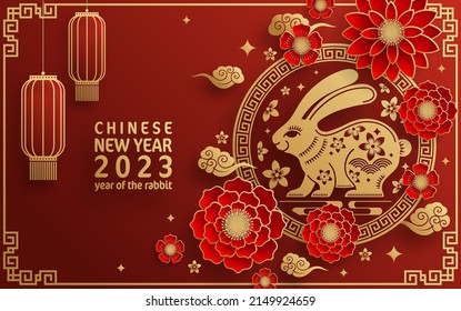 Happy chinese new year 2023 year of the rabbit zodiac on color Background. (Translation : Happy chinese new year 2023, year of the rabbit )