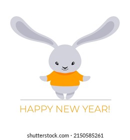 Happy Chinese new year 2023, year of the rabbit. Cute gray rabbit greeting card for kids. Text: Happy new year