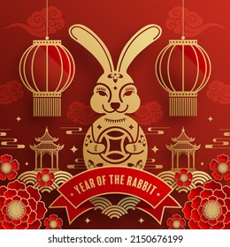 Happy chinese new year 2023 year of the rabbit zodiac with on color Background. (Translation : Happy new year)