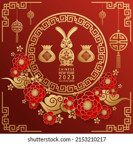 Happy chinese new year 2023 year of the rabbit zodiac with on color Background. (Translation : Happy new year)