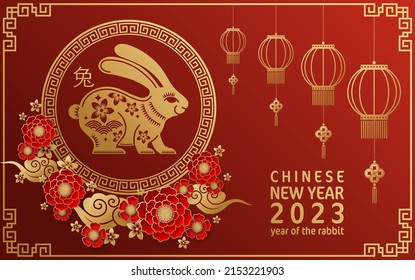 Happy chinese new year 2023 year of the rabbit zodiac with on color Background. (Translation : Happy new year)