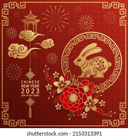 Happy chinese new year 2023 year of the rabbit zodiac with on color Background. (Translation : Happy new year)