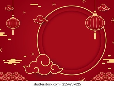 Happy Chinese new year 2023. Chinese new year banner with circle for show product. Greeting card. China frame with lantern on red background.