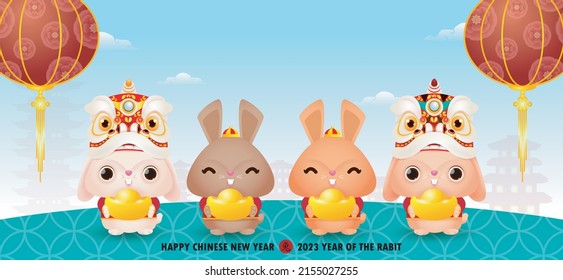 happy chinese new year 2023 banner, Four little rabbit holding golden ingots, year of the rabbit zodiac, gong xi fa cai Cartoon  background vector illustration, Translation happy chinese New Year