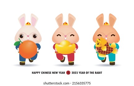 Happy Chinese new year 2023 banner little cute rabbit holding mandarin orange, gold ingots and fish, year of the rabbit zodiac, brochure, calendar background vector design, Translation happy new year
