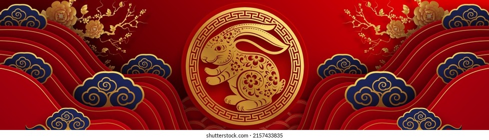 Happy chinese new year 2023 year of the rabbit zodiac sign with flower,lantern,asian elements gold paper cut style on color Background. (Translation : Happy new year)