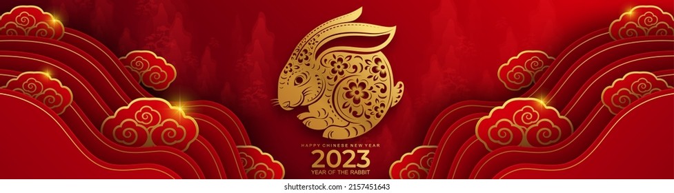 Happy chinese new year 2023 year of the rabbit zodiac sign with flower,lantern,asian elements gold paper cut style on color Background. (Translation : Happy new year)