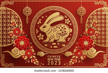 Happy chinese new year 2023 year of the rabbit zodiac with on color Background. (Translation : Happy new year)