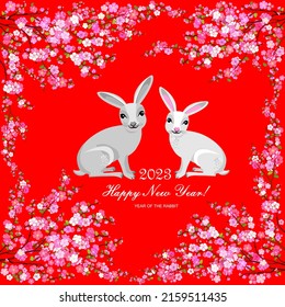 Happy Chinese new year 2023 card. Celebration red background with  rabbit, flower and place for your text. Cherry blossom. Sakura. 2023 Chinese New Year of the rabbit. Vector 