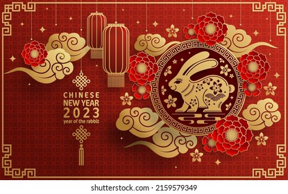 Happy chinese new year 2023 year of the rabbit zodiac on color Background. (Translation : Happy chinese new year 2023, year of the rabbit )