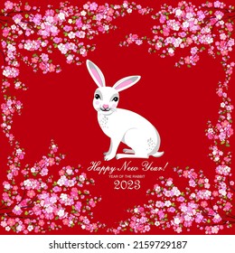 Happy Chinese new year 2023 card. Celebration red background with  rabbit, flower and place for your text. Cherry blossom. Sakura. 2023 Chinese New Year of the rabbit. Vector Illustration
