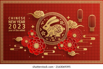 Happy chinese new year 2023 year of the rabbit zodiac with on color Background. (Translation : Happy new year)