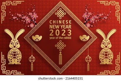 Happy chinese new year 2023 year of the rabbit zodiac with on color Background. (Translation : Happy new year)