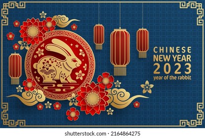 Happy chinese new year 2023 year of the rabbit zodiac on color Background. (Translation : Happy chinese new year 2023, year of the rabbit )