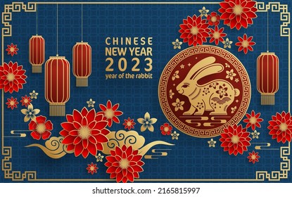 Happy chinese new year 2023 year of the rabbit zodiac with on color Background. (Translation : Happy new year)