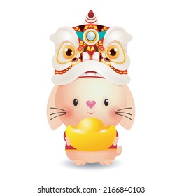 Happy Chinese new year 2023 greeting card, Cute Little rabbit and lion dance holding chinese gold Ingots, year of the rabbit zodiac, Little bunny gong xi fa cai, Cartoon isolated white background