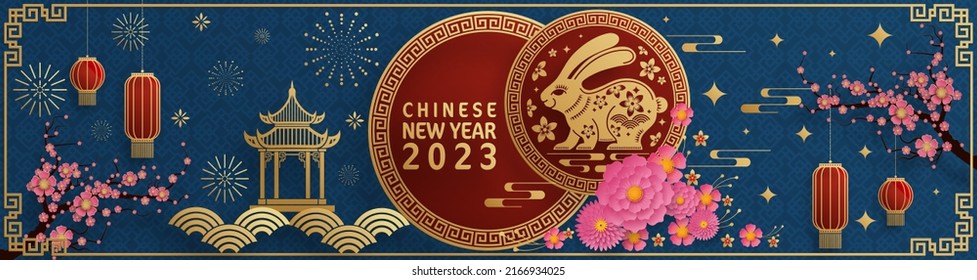 Happy chinese new year 2023 year of the rabbit zodiac with on color Background. (Translation : Happy new year)