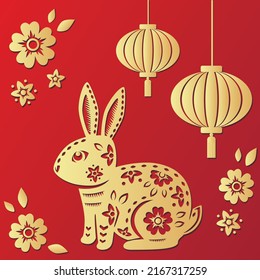 Happy Chinese new year 2023 Zodiac sign, year of the Rabbit, with gold paper cut art on red color background with chinese lanterns