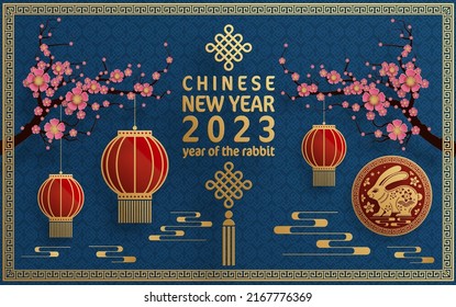 Happy chinese new year 2023 year of the rabbit zodiac with on color Background. (Translation : Happy new year)