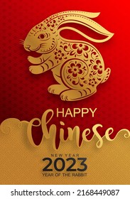 Happy chinese new year 2023 year of the rabbit zodiac sign with flower,lantern,asian elements gold paper cut style on color Background. (Translation : Happy new year)