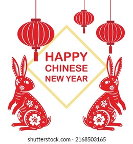 Happy Chinese new year 2023 Zodiac sign, year of the Rabbit, with red paper cut art on white color background 