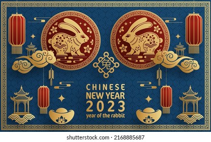Happy chinese new year 2023 year of the rabbit zodiac with on color Background. (Translation : Happy new year)