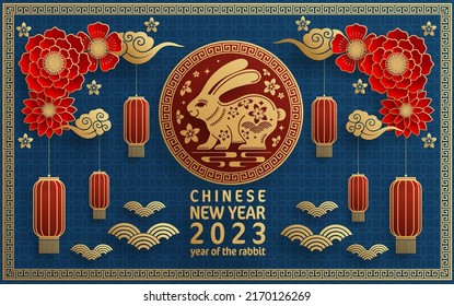 Happy chinese new year 2023 year of the rabbit zodiac with on color Background. (Translation : Happy new year)