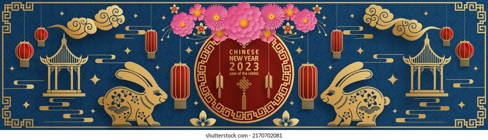 Happy chinese new year 2023 year of the rabbit zodiac with on color Background. (Translation : Happy new year)