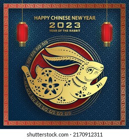 Happy Chinese New Year 2023 Rabbit Zodiac sign, with gold paper cut art and craft style on color background for greeting card, flyers, poster (Chinese Translation: happy New Year 2023, year of Rabbit)