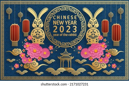 Happy chinese new year 2023 year of the rabbit zodiac with on color Background. (Translation : Happy new year)