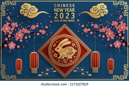 Happy chinese new year 2023 year of the rabbit zodiac with on color Background. (Translation : Happy new year)