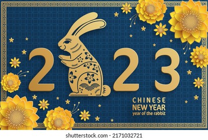 Happy chinese new year 2023 year of the rabbit zodiac with on color Background. (Translation : Happy new year)