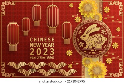 Happy chinese new year 2023 year of the rabbit zodiac with on color Background. (Translation : Happy new year)