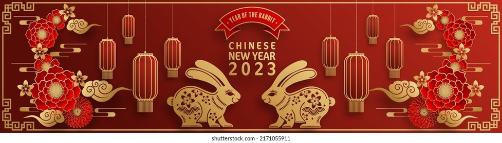 Happy chinese new year 2023 year of the rabbit zodiac with on color Background. (Translation : Happy new year)