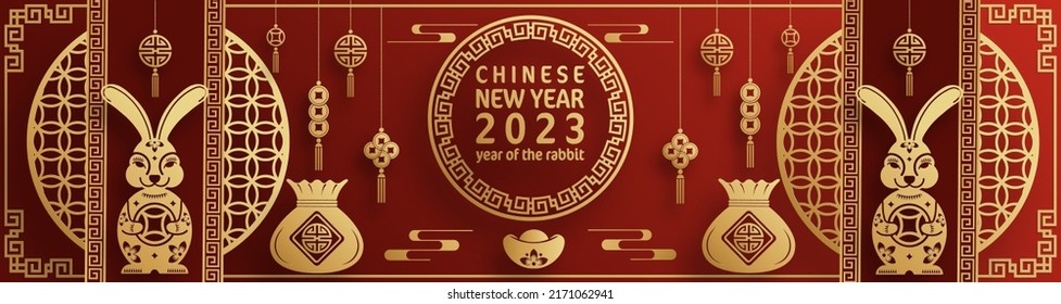 Happy chinese new year 2023 year of the rabbit zodiac with on color Background. (Translation : Happy new year)